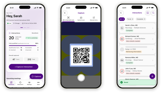 Three field app screens: the rep's day dashboard with capture counts, the badge and QR capture camera, and the interactions list with qualification status.