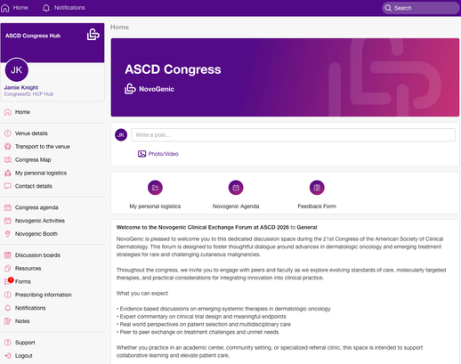 A branded congress HCP hub: personal logistics, congress agenda, discussion boards, and resources in the menu beside the welcome feed of a congress program.
