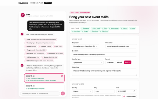 The Onomi meeting request portal: an AI agent drafts a symposium request from one sentence and fills the form with requester, budget, and suggested dates.
