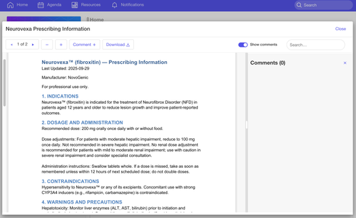 A document open in the advisor portal with the comments panel beside it, ready for page-anchored annotation.
