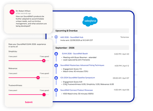 A Salesforce contact timeline showing Onomi event engagement: congress booth meetings, symposium attendance with engagement scores, and webinar watch time, alongside an HCP's med-info question and a post-event survey.