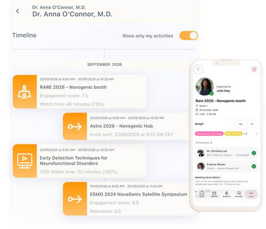 A Veeva CRM account timeline for an HCP showing Onomi event engagement: a congress booth meeting with an engagement score, a satellite symposium with engagement and relevance scores, and on-demand watch time, next to the meeting view in the Veeva mobile app.