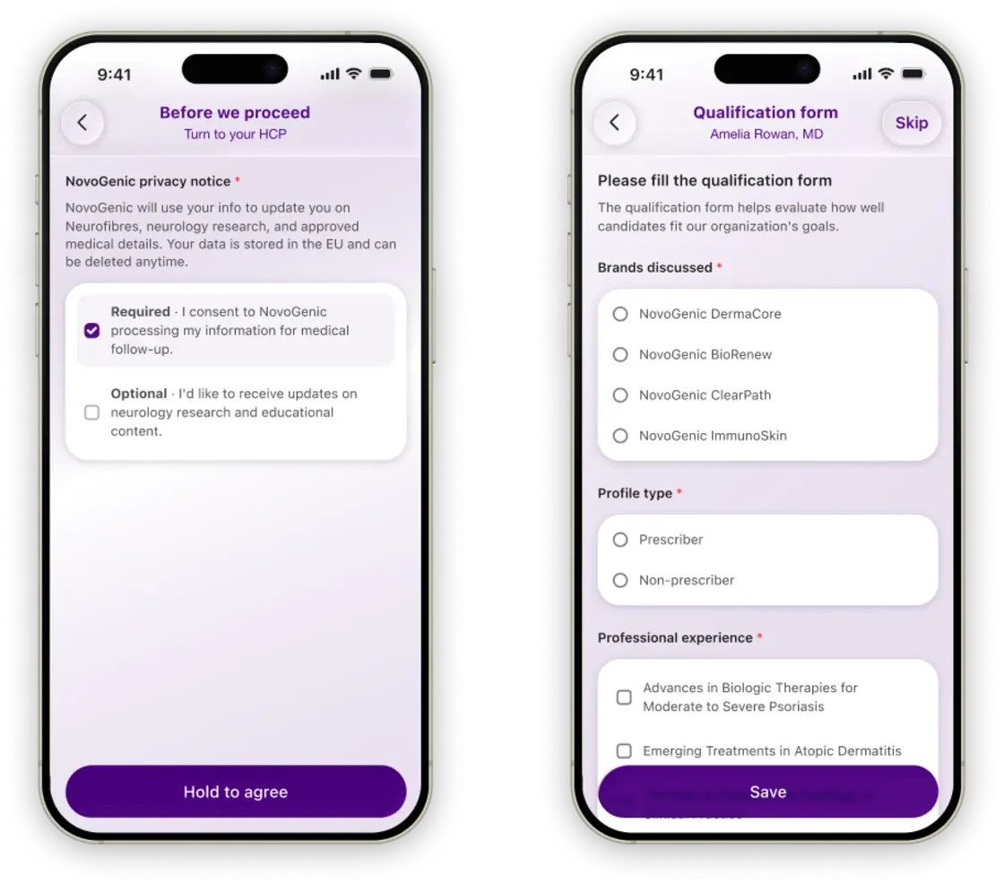 Two field app screens: the on-device consent step with required and optional choices, and the brand-scoped qualification form.